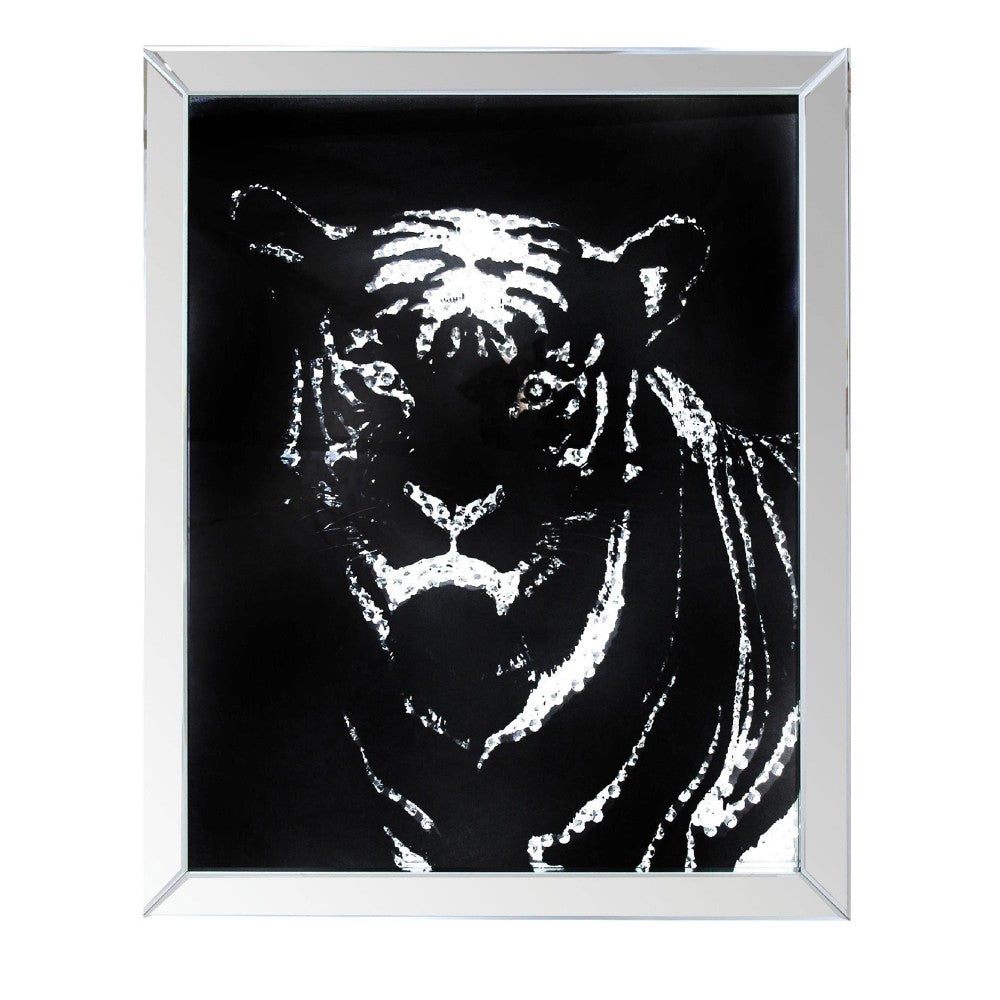Rectangular Mirror framed Tiger Wall Decor With Crystal Inlays, Black & Silver