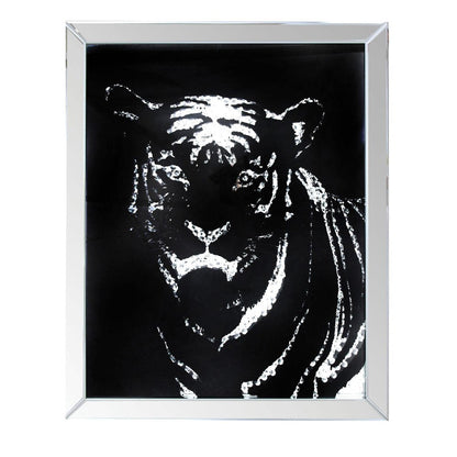 Rectangular Mirror framed Tiger Wall Decor With Crystal Inlays, Black & Silver