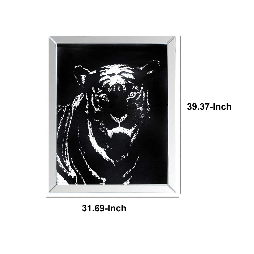 Rectangular Mirror framed Tiger Wall Decor With Crystal Inlays, Black & Silver
