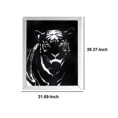 Rectangular Mirror framed Tiger Wall Decor With Crystal Inlays, Black & Silver