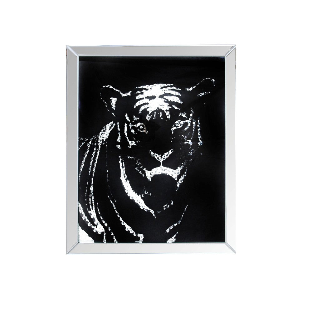 Rectangular Mirror framed Tiger Wall Decor With Crystal Inlays, Black & Silver