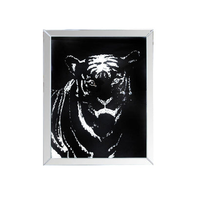 Rectangular Mirror framed Tiger Wall Decor With Crystal Inlays, Black & Silver