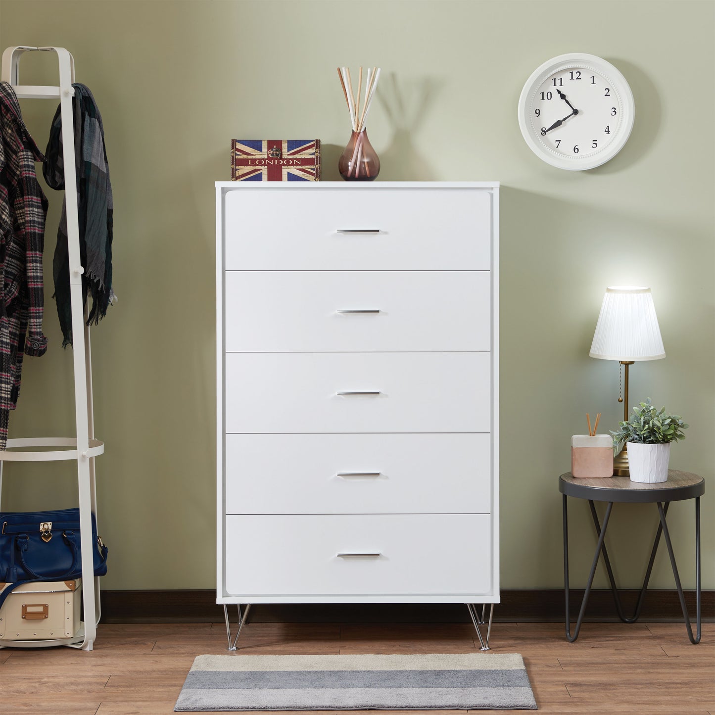 Benzara contemporary white wooden chest with five drawers