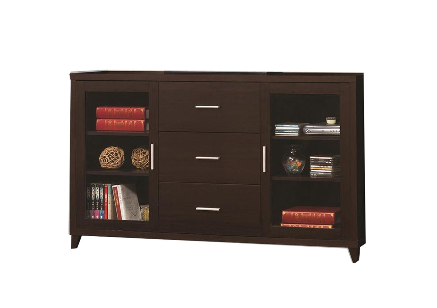 TV console in cappuccino brown wood with three central drawers and glass-front side cabinets