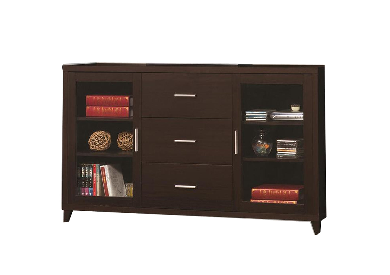 TV console in cappuccino brown wood with three central drawers and glass-front side cabinets
