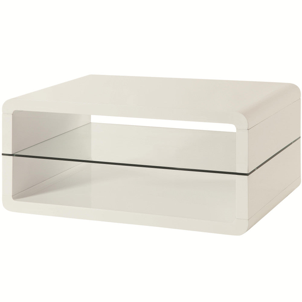 Benzara modern coffee table with rounded corners in white finish and clear tempered glass shelf
