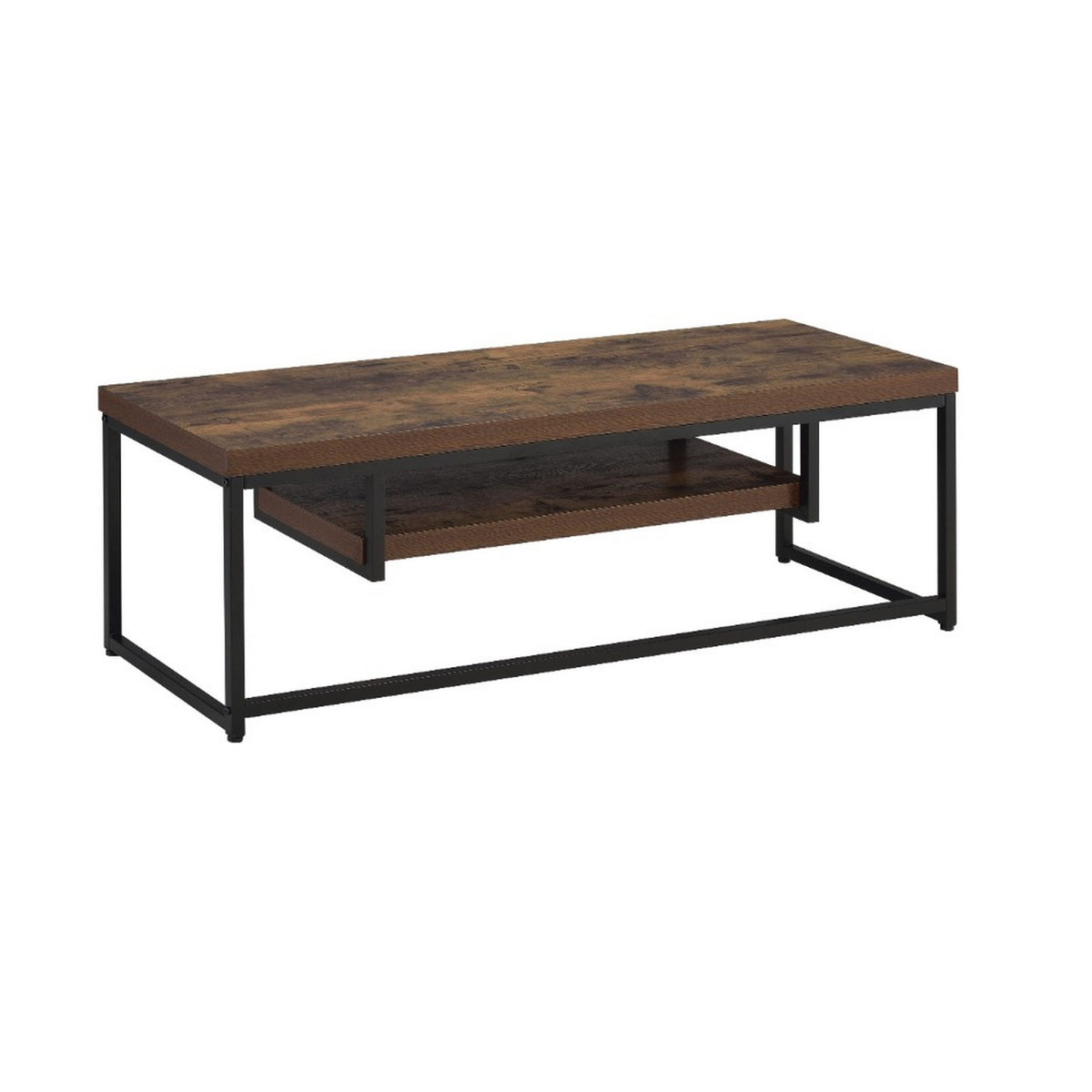 Wood And Metal TV Stand With One Shelf, Weathered Oak Brown And Black — Chic Home-Decor