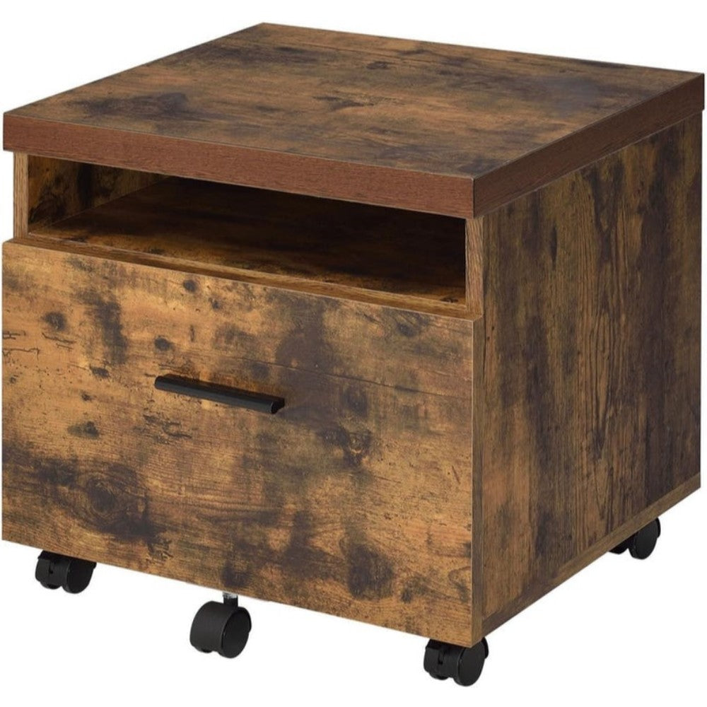 Benzara wooden file cabinet with open compartment and lower drawer on casters, oak brown and black finish