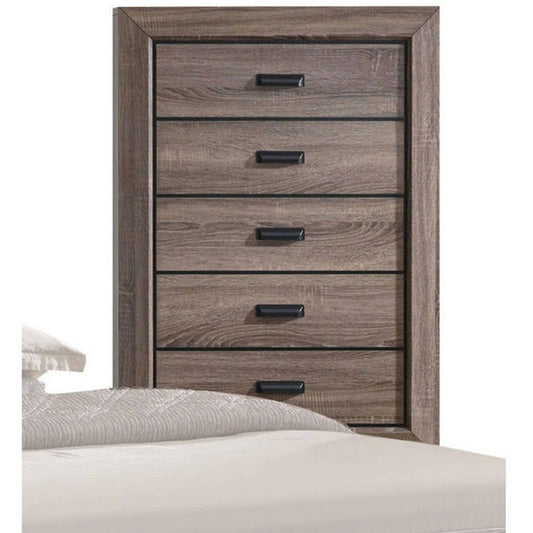 Five-drawer chest with scalloped feet in weathered gray grain finish by Benzara