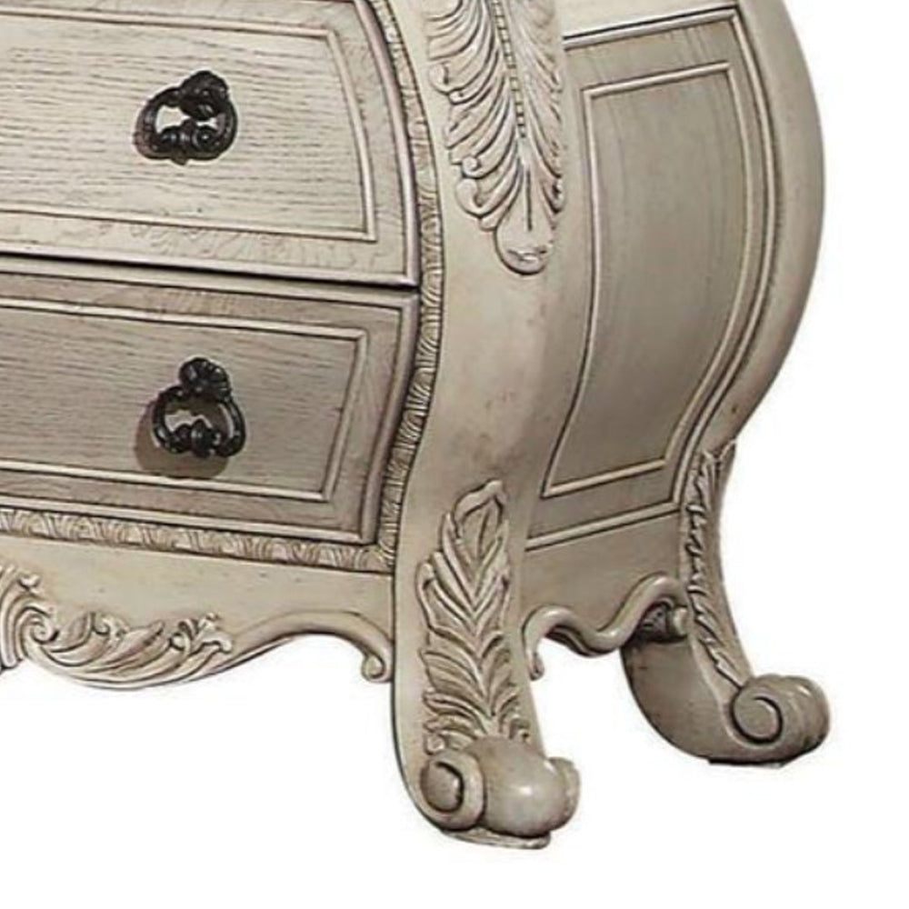 Three Drawer Wooden Nightstand With Scrolled Feet, Antique White