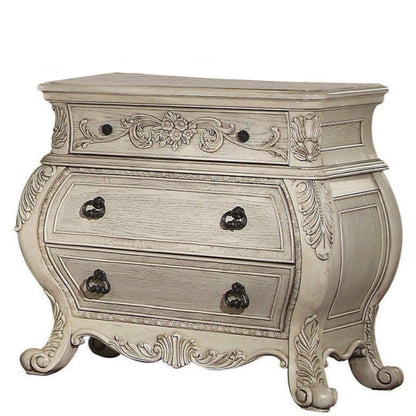 Three Drawer Wooden Nightstand With Scrolled Feet, Antique White