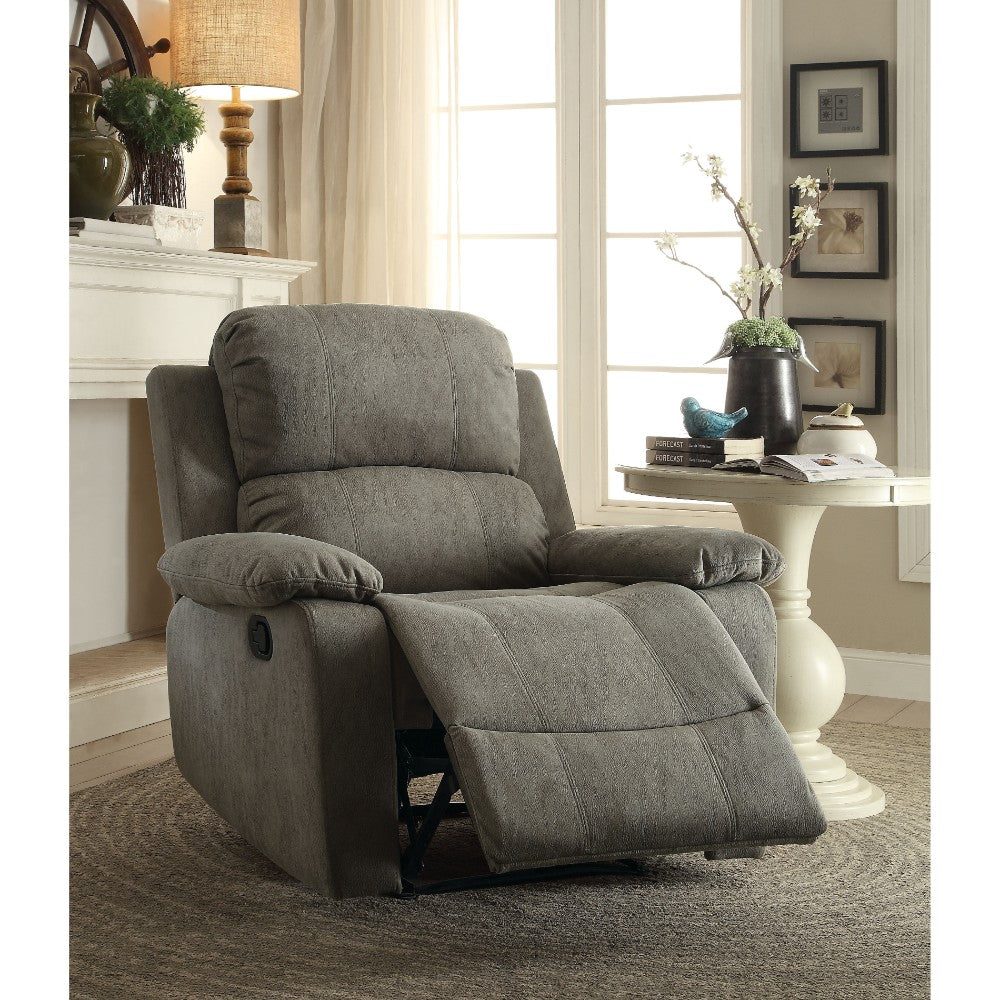 Contemporary gray microfiber recliner with pillow-top cushions and metal frame.