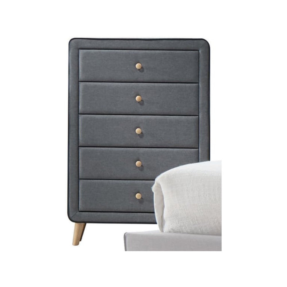 5-drawer gray fabric-upholstered chest with wood frame and tapered legs