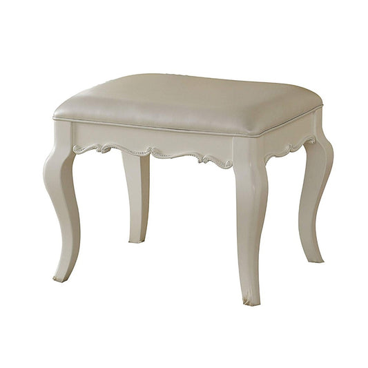 Traditional style vanity stool with white wood frame, leatherette padded seat, and carved apron.