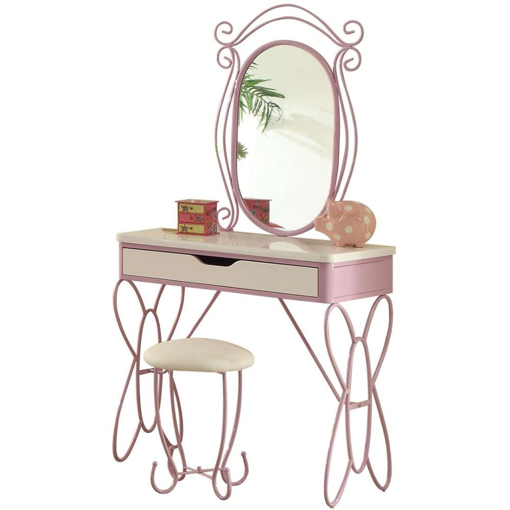 Benzara contemporary vanity set in pink-purple metal with white top, oval mirror, and cushioned stool