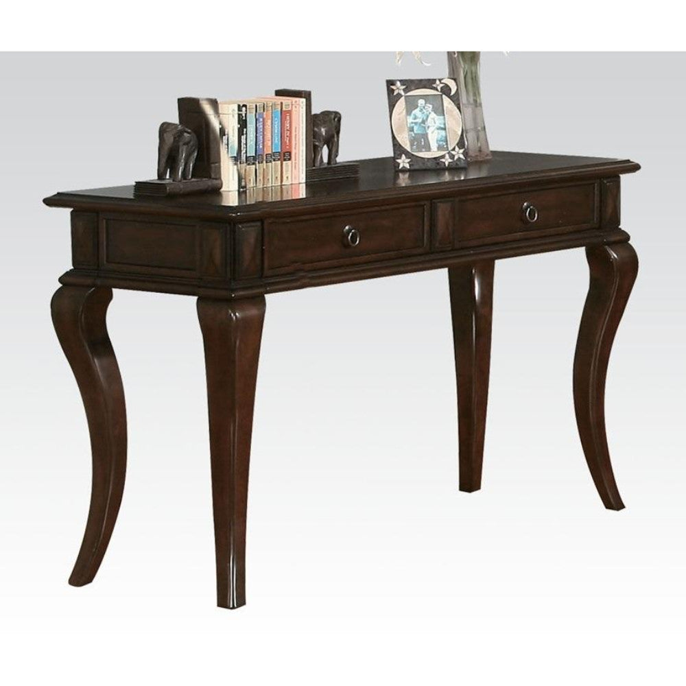Sofa table with drawers in dark wood and metal, transitional style with curved legs.