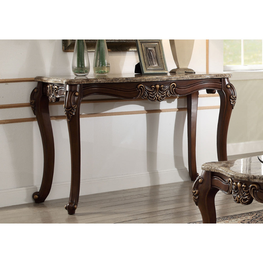 Marble Top Sofa Table with Carved Floral Motifs, Brown Finish, Benzara