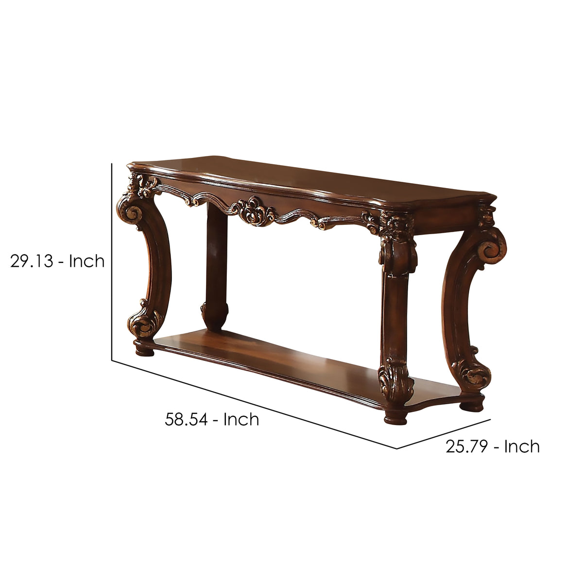 Rectangular Sofa Table With Scrolled Leg And Bottom Shelf, Cherry
