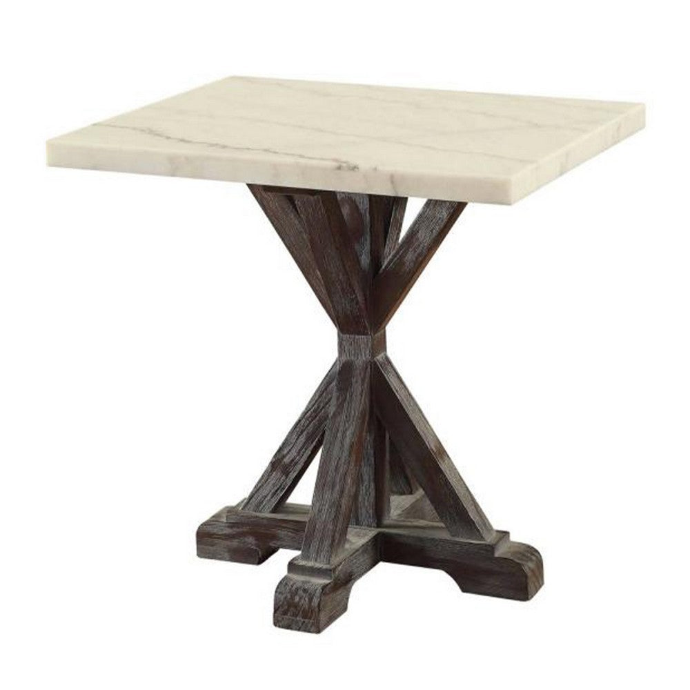 Marble Top End Table With Wooden Tri Pod Base, White And Espresso Brown