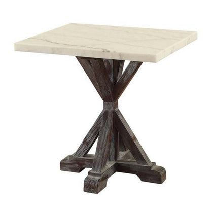 Marble Top End Table With Wooden Tri Pod Base, White And Espresso Brown