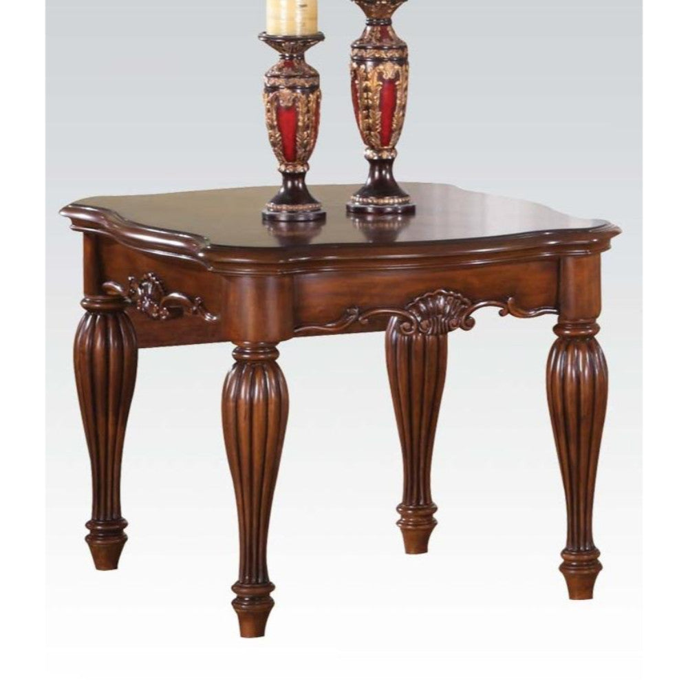 Wooden End Table with Carved Details, Cherry Brown finish by Benzara
