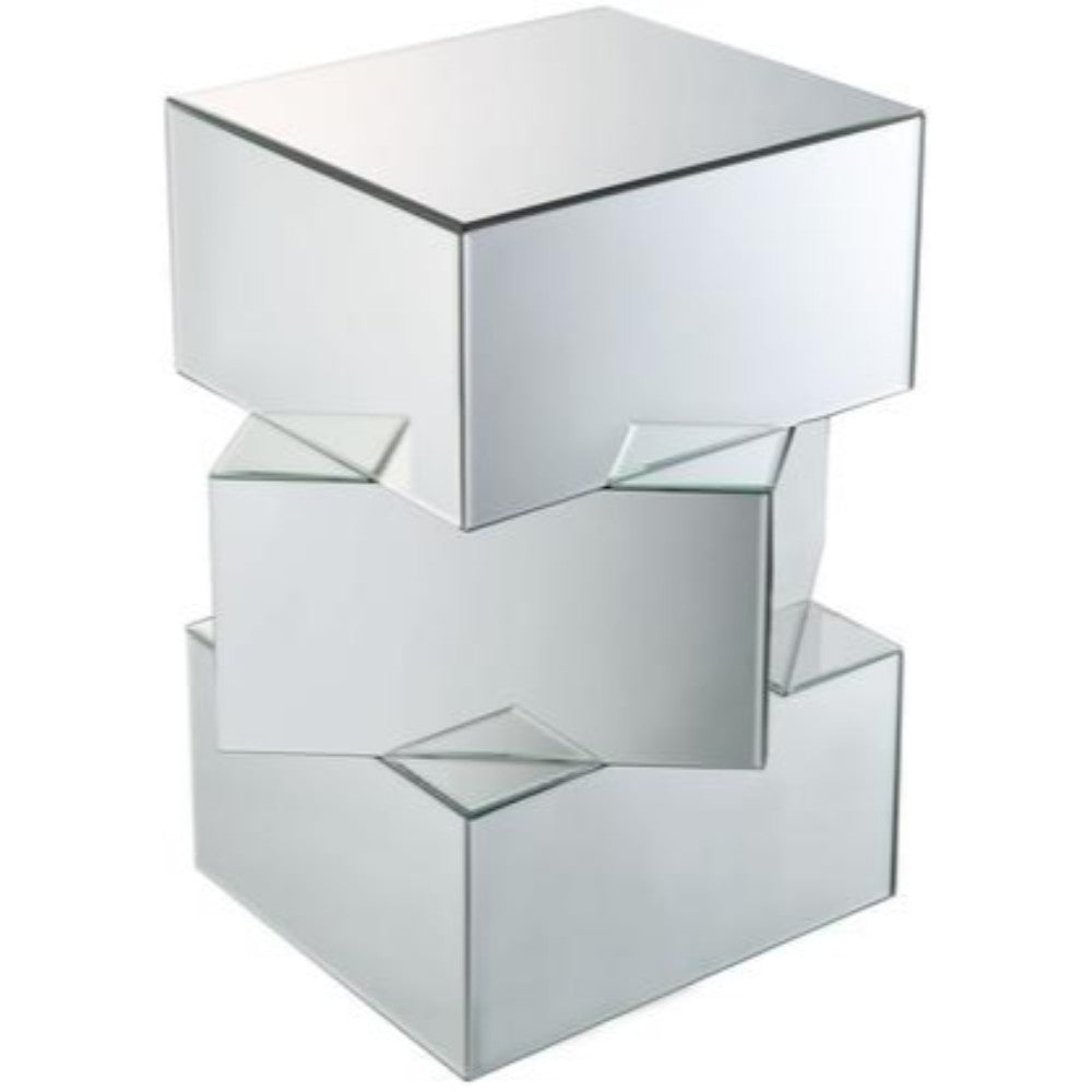 Benzara mirrored end table with unique geometric silver base and glass surfaces