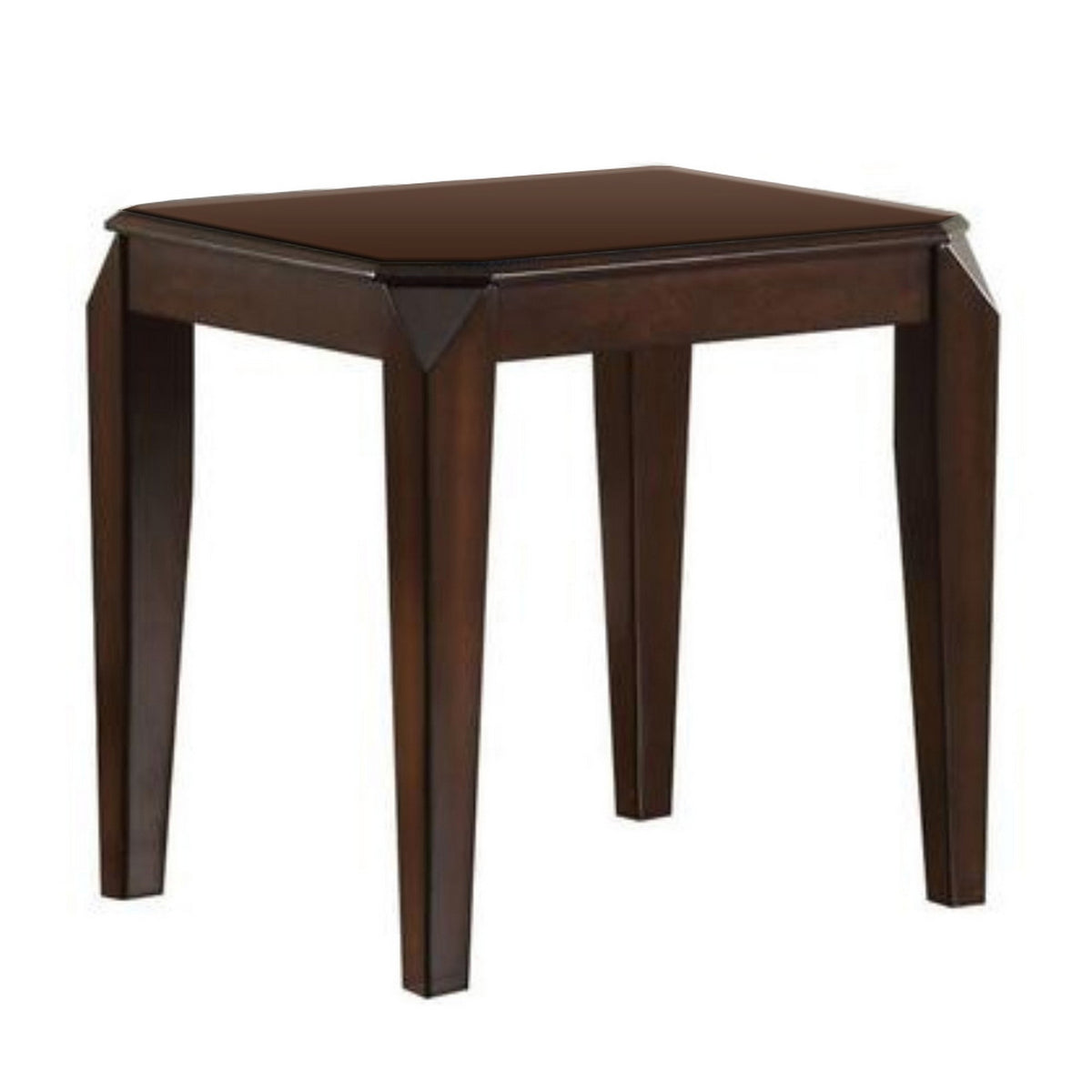 Wooden end table with beveled top and tapered legs in walnut brown.