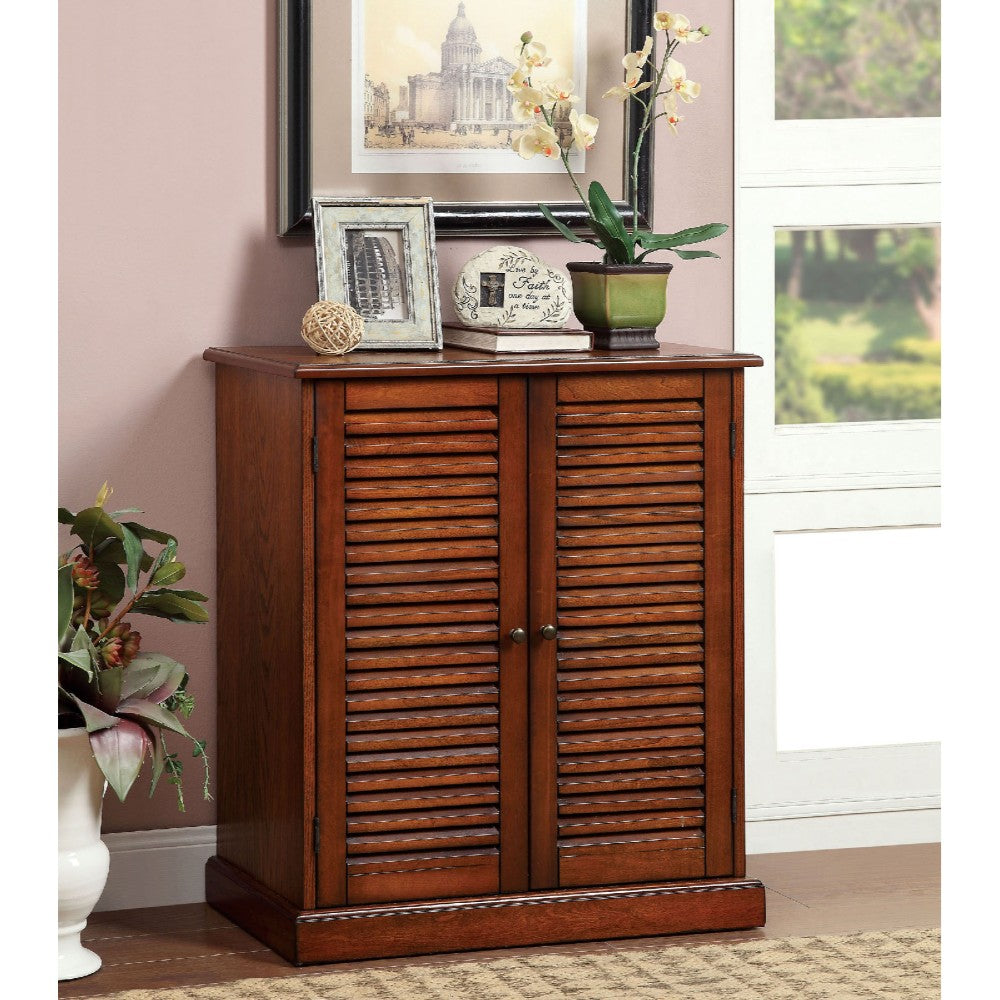 Double-door solid wood shoe cabinet in brown with louvered/slatted doors, Benzara