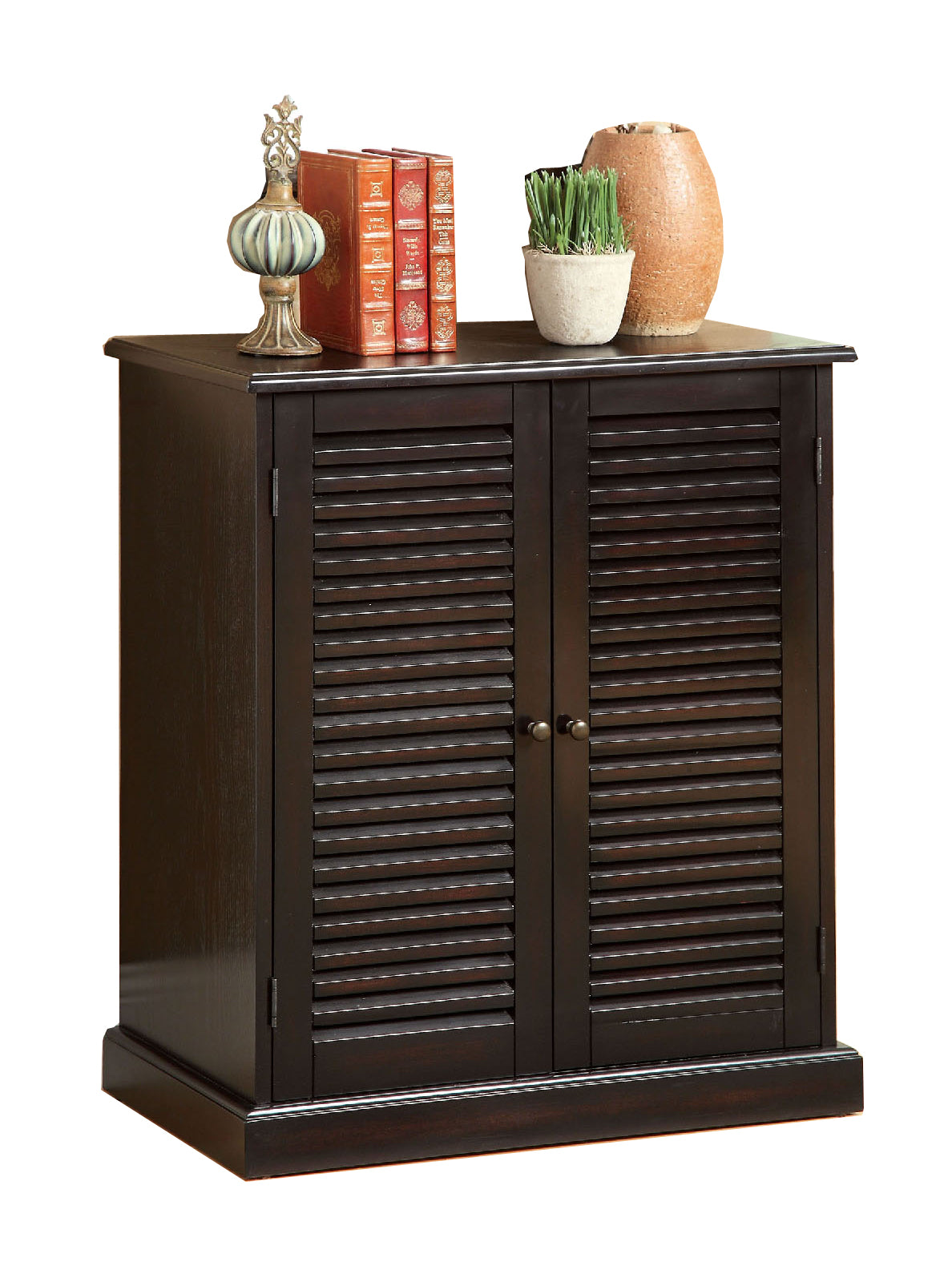 Solid wood shoe cabinet in Espresso Brown with double louvered doors and block feet