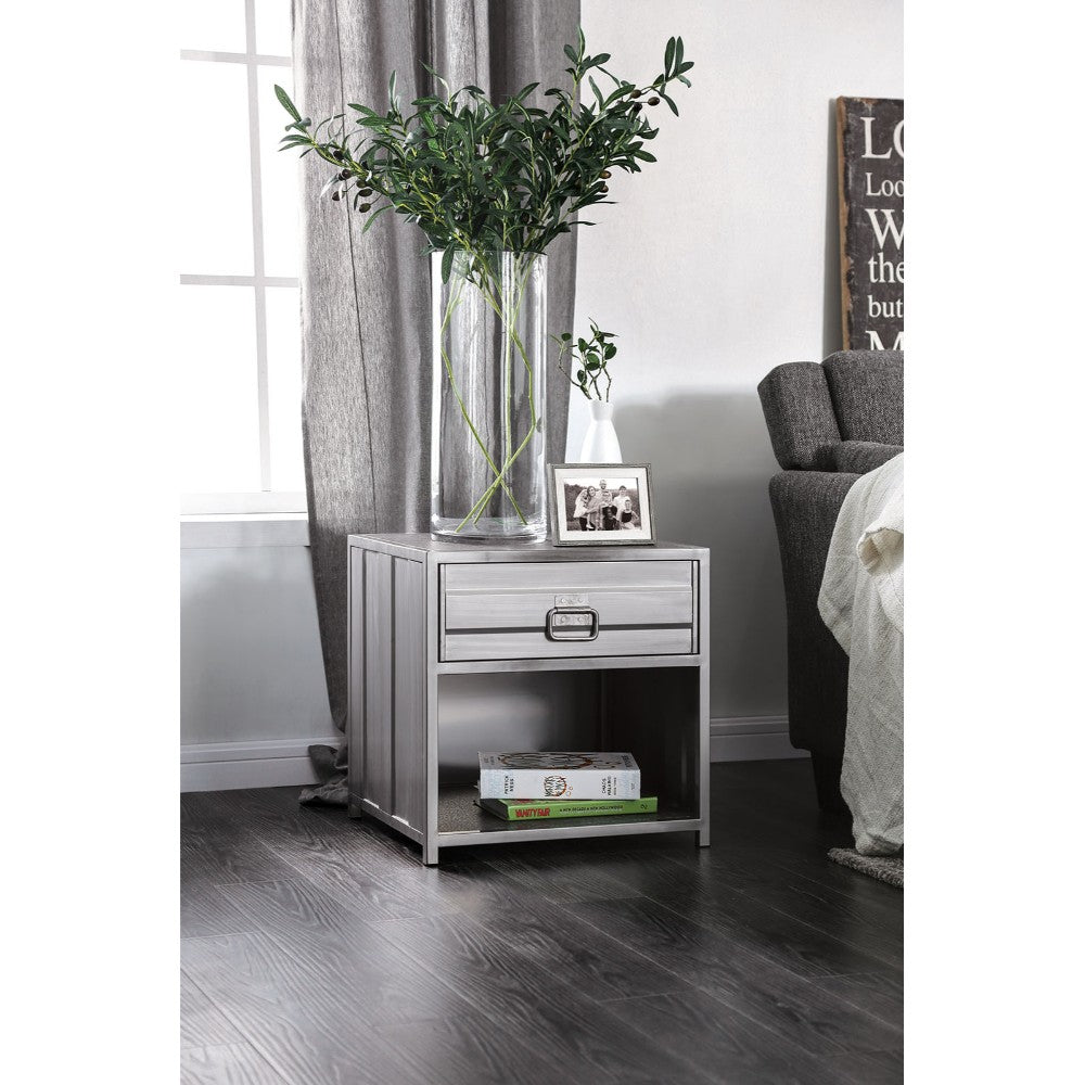 Industrial metal nightstand in gray with a drawer and open bottom shelf.