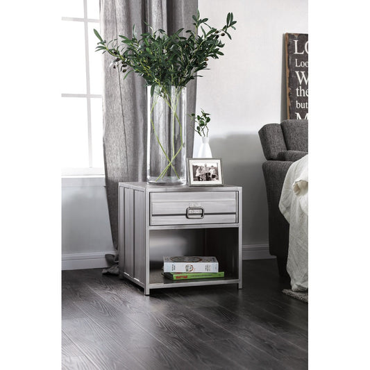 Industrial metal nightstand in gray with a drawer and open bottom shelf.