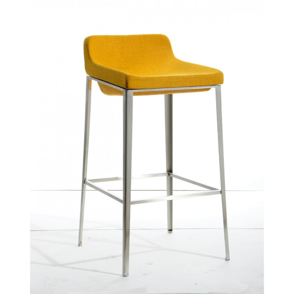Fabric upholstered metal bar stool in yellow with chrome legs and footrest