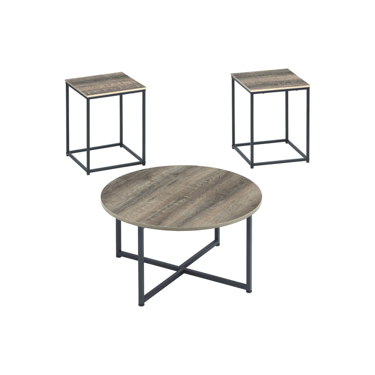 Wooden coffee table set of three with metal bases: round table and two square side tables in gray-brown