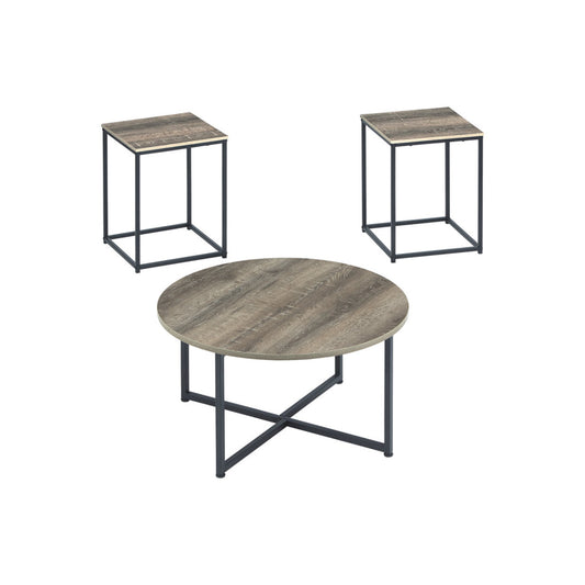 Wooden coffee table set of three with metal bases: round table and two square side tables in gray-brown