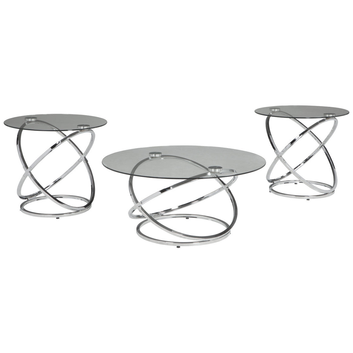 3-piece coffee and end table set with glass tops and intertwined chrome bases (1 coffee table, 2 end tables)