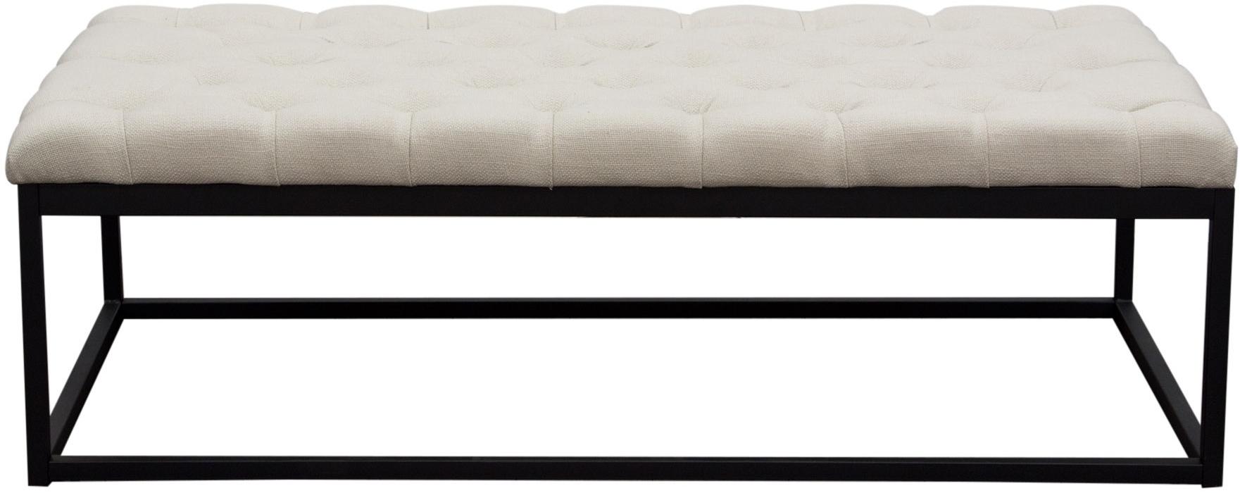 Bench, linen upholstered button-tufted with open black metal base, large beige cushion