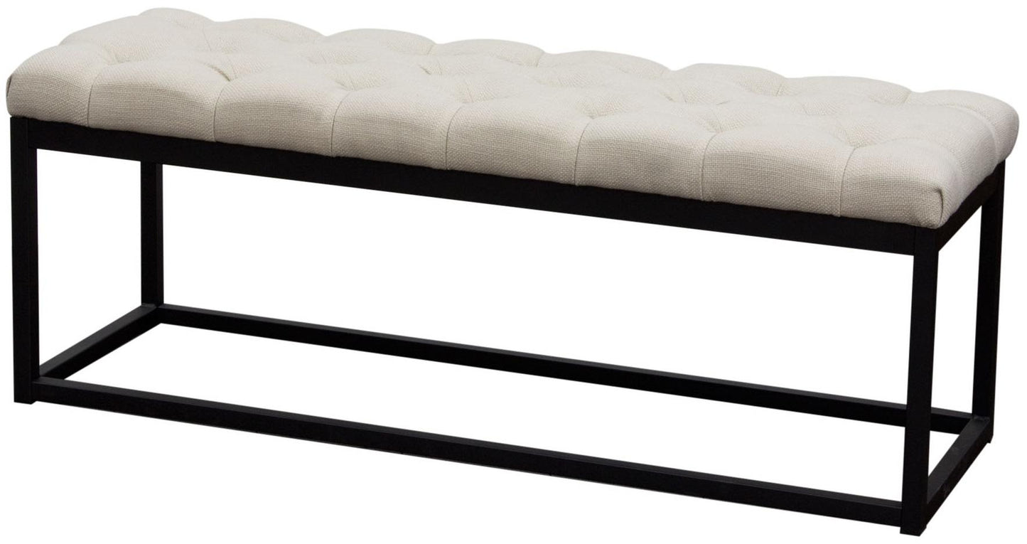 Bench with beige linen upholstery, black metal frame, contemporary design, and diamond tufting.