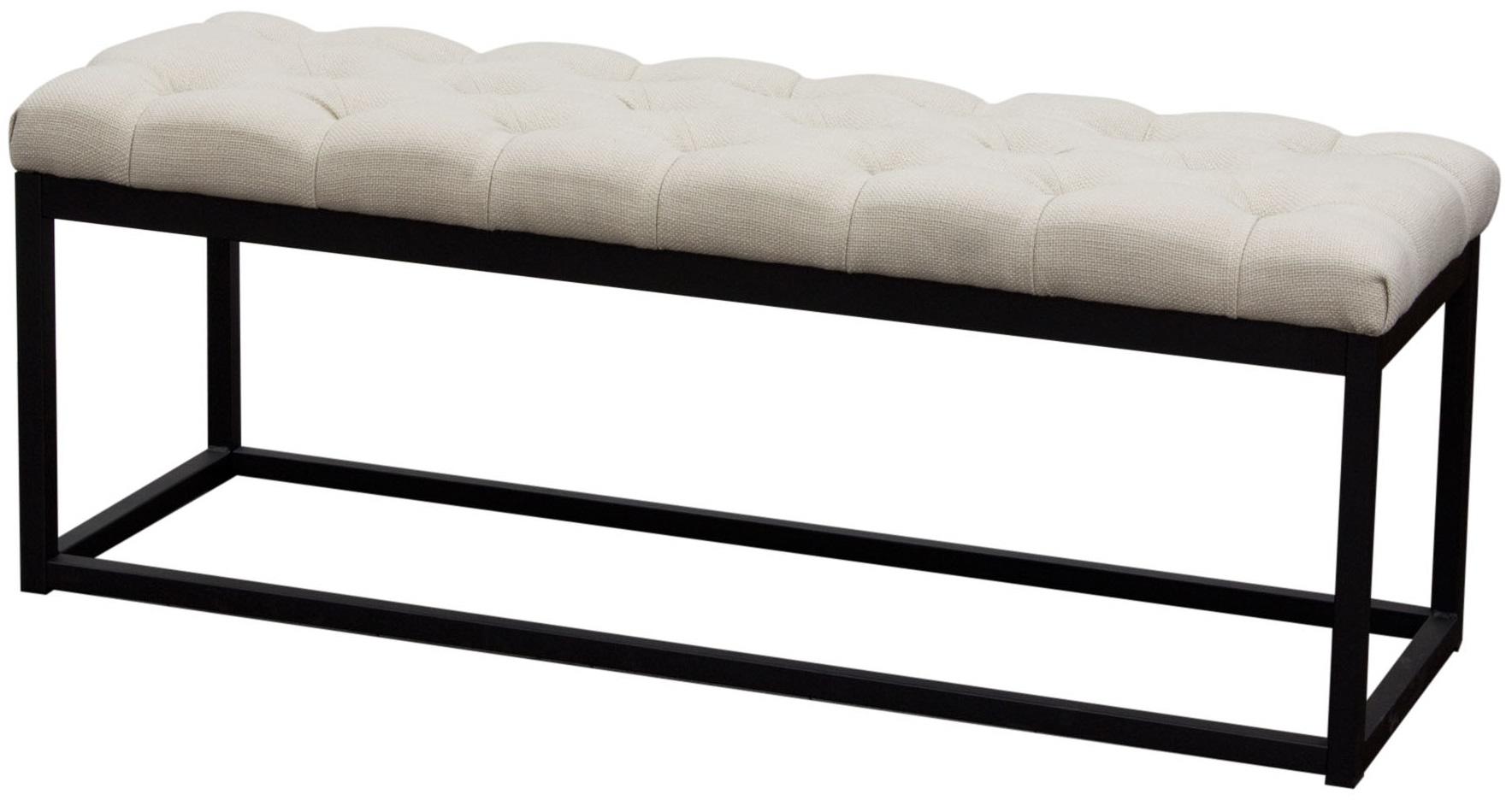 Bench with beige linen upholstery, black metal frame, contemporary design, and diamond tufting.