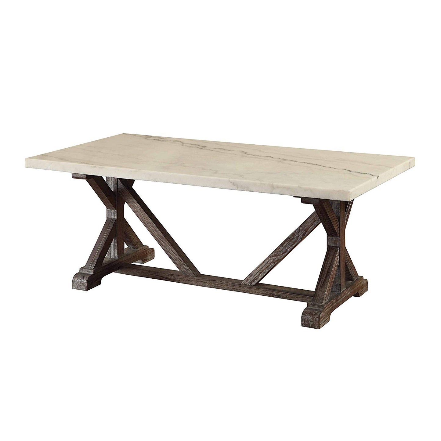 Marble rectangle coffee table with a white veined top and dark espresso brown wooden trestle base