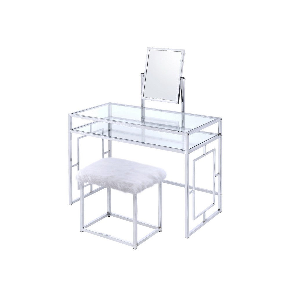 Glass and Metal Vanity Set With Faux Fur Stool, White and Silver