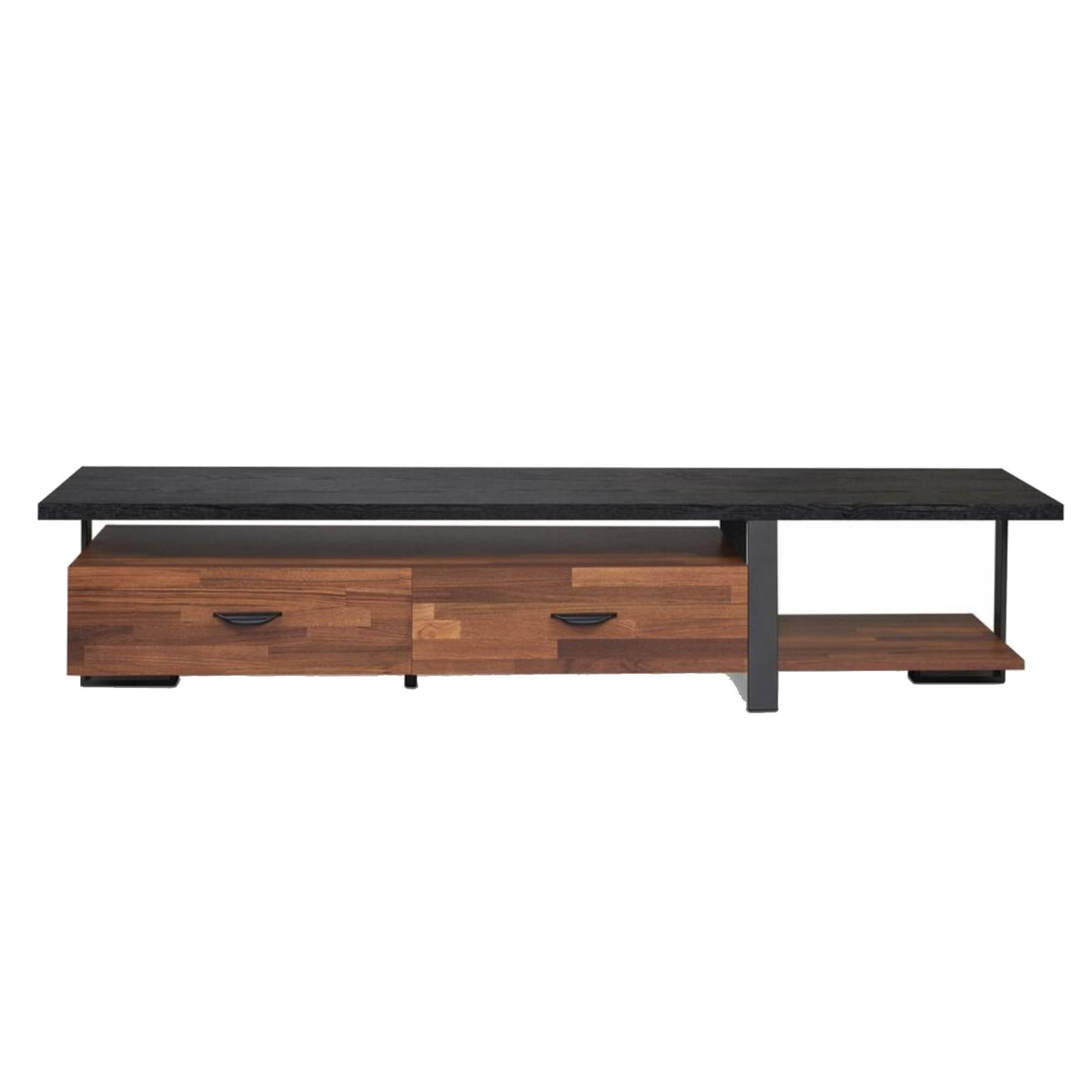 Metal-framed wooden TV stand with two drawers and open shelf, black top and brown wood finish, Benzara.