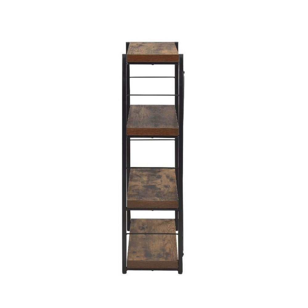4 Tiered Metal Framed Wooden Bookshelf, Weathered Oak Brown and Black