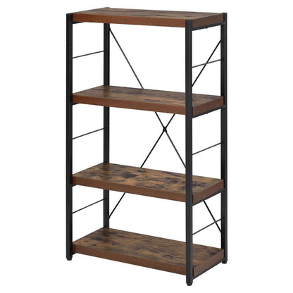4 Tiered Metal Framed Wooden Bookshelf, Weathered Oak Brown and Black