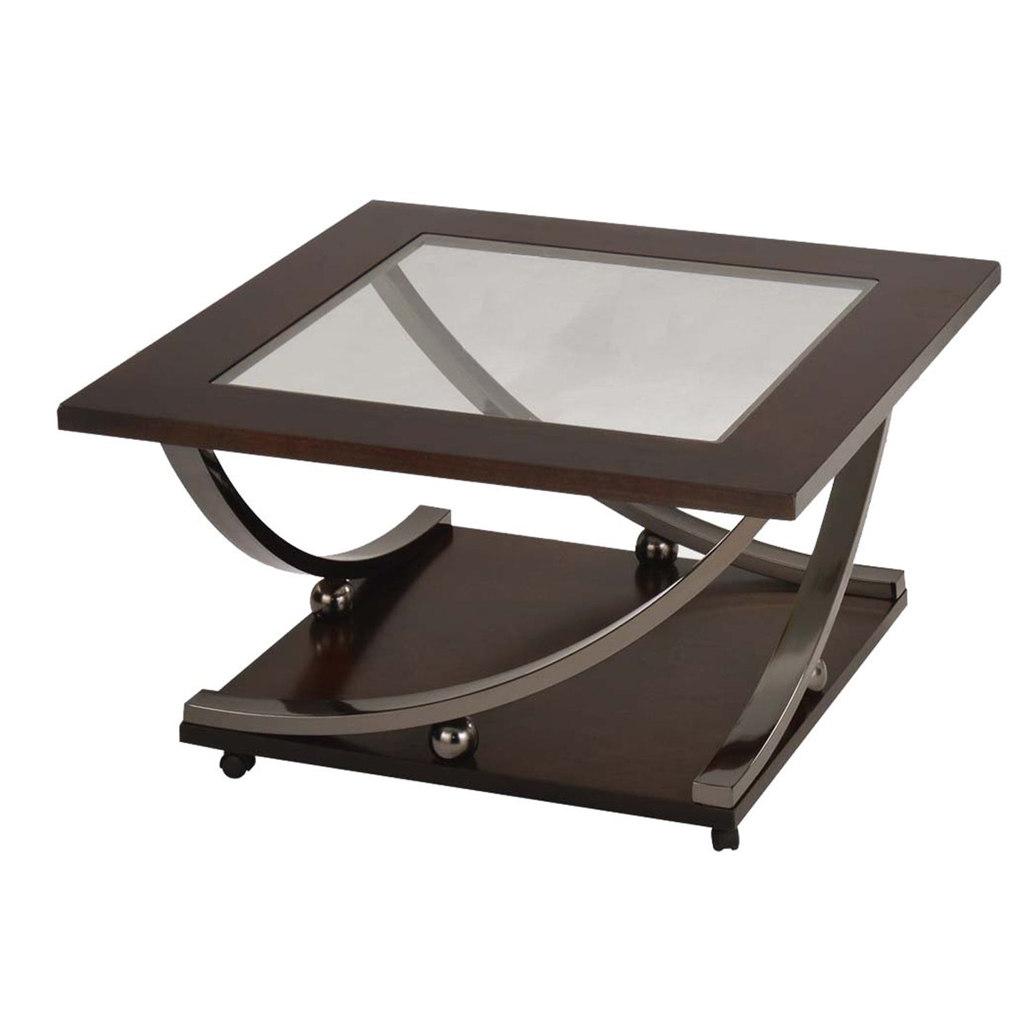 Benzara glass-top wooden coffee table with open shelf and casters, brown and black