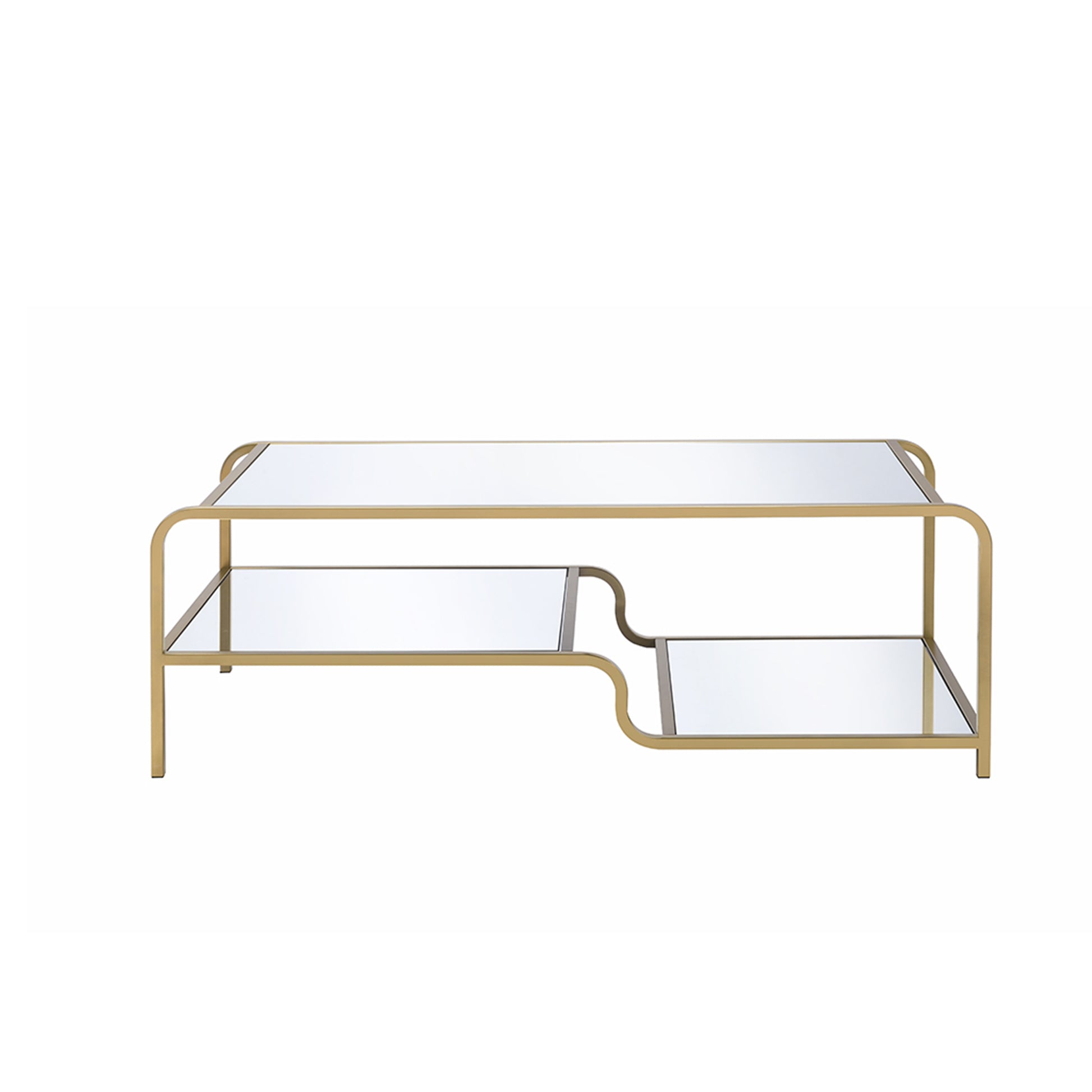 Benzara metal-framed coffee table with tiered mirrored shelves in gold finish