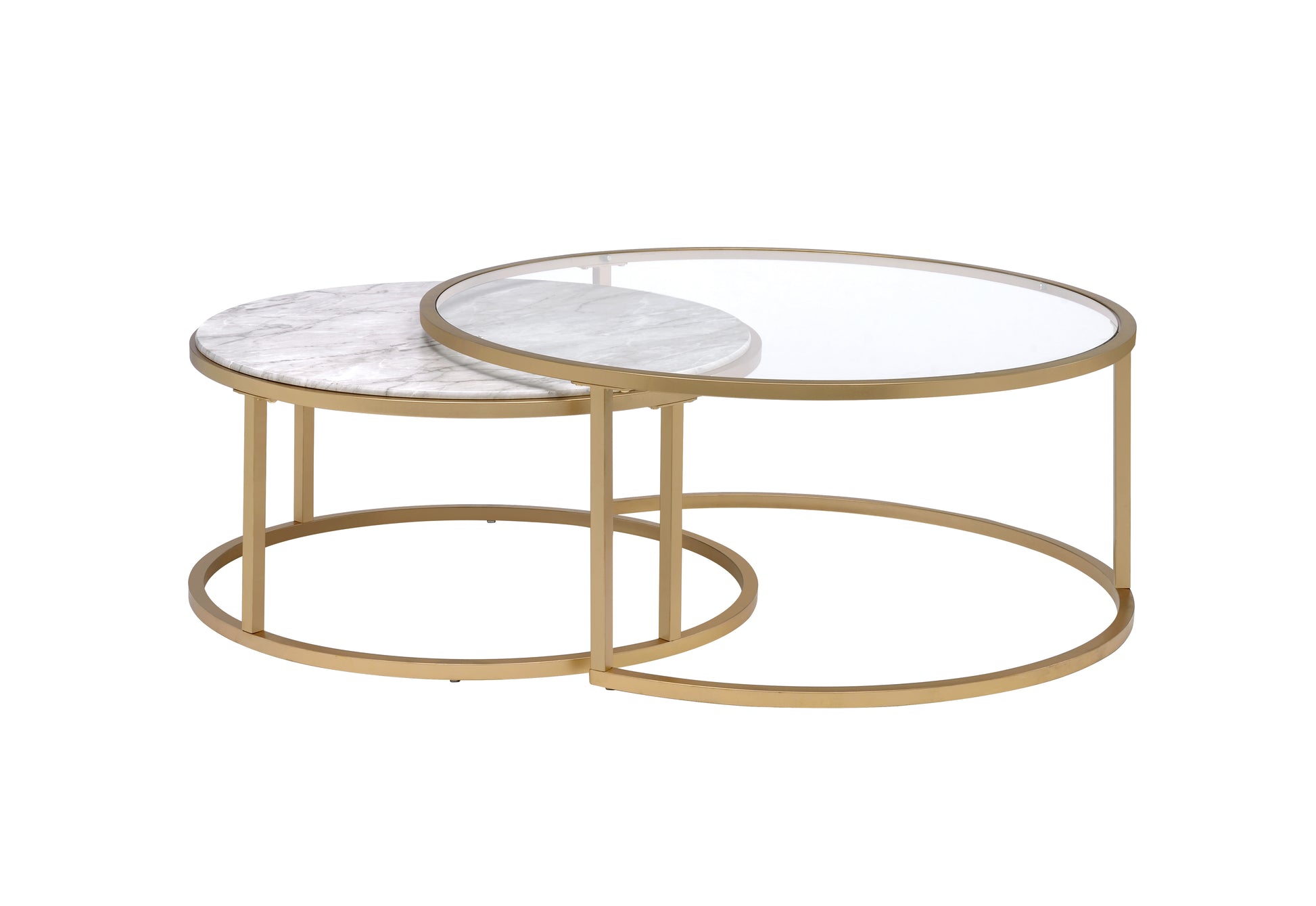 Metal framed nesting coffee tables, set of two with gold finish, marble and glass tops, Benzara