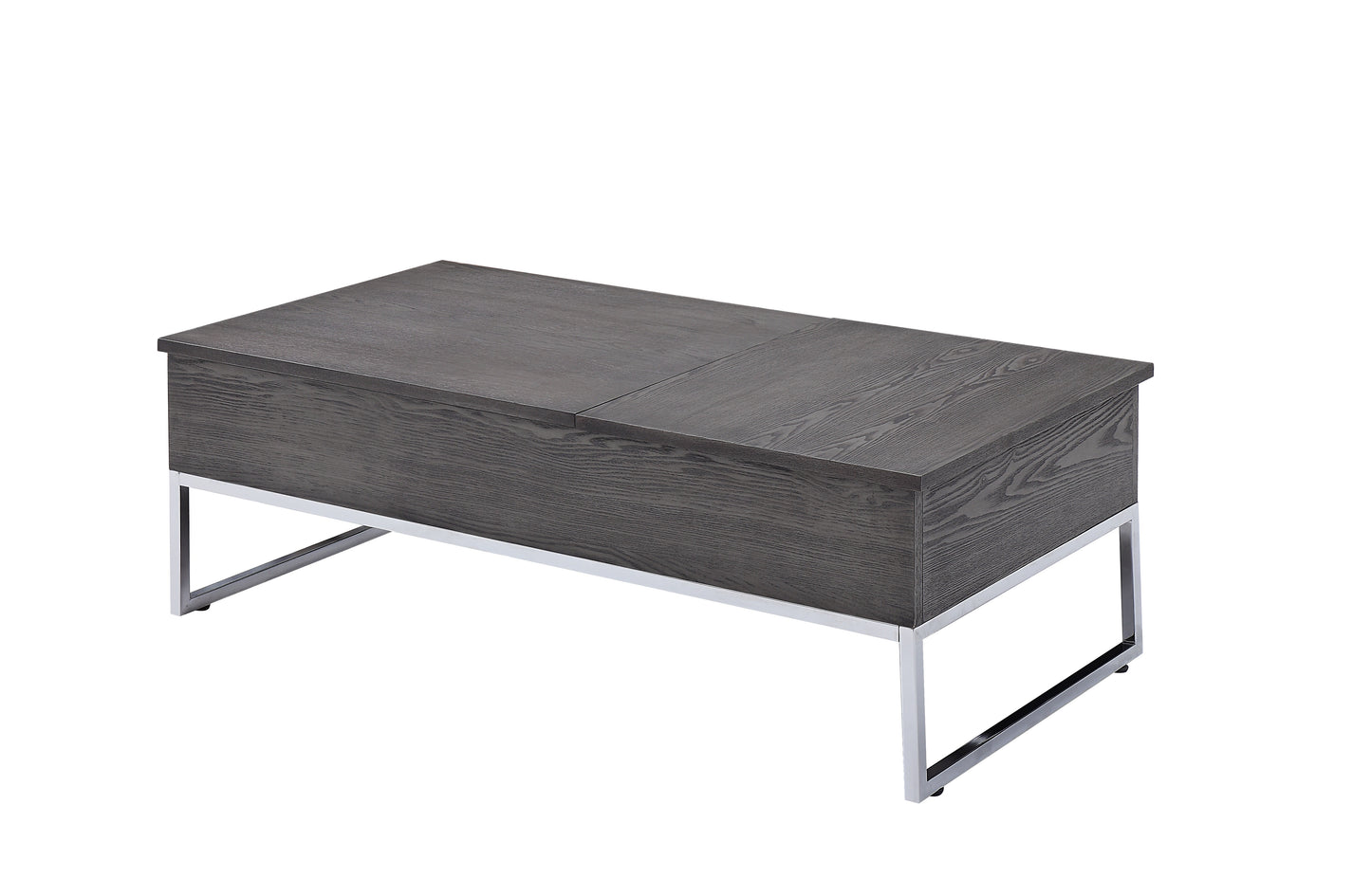 Wooden coffee table with two lift-top sections, gray wood finish and metal sled legs