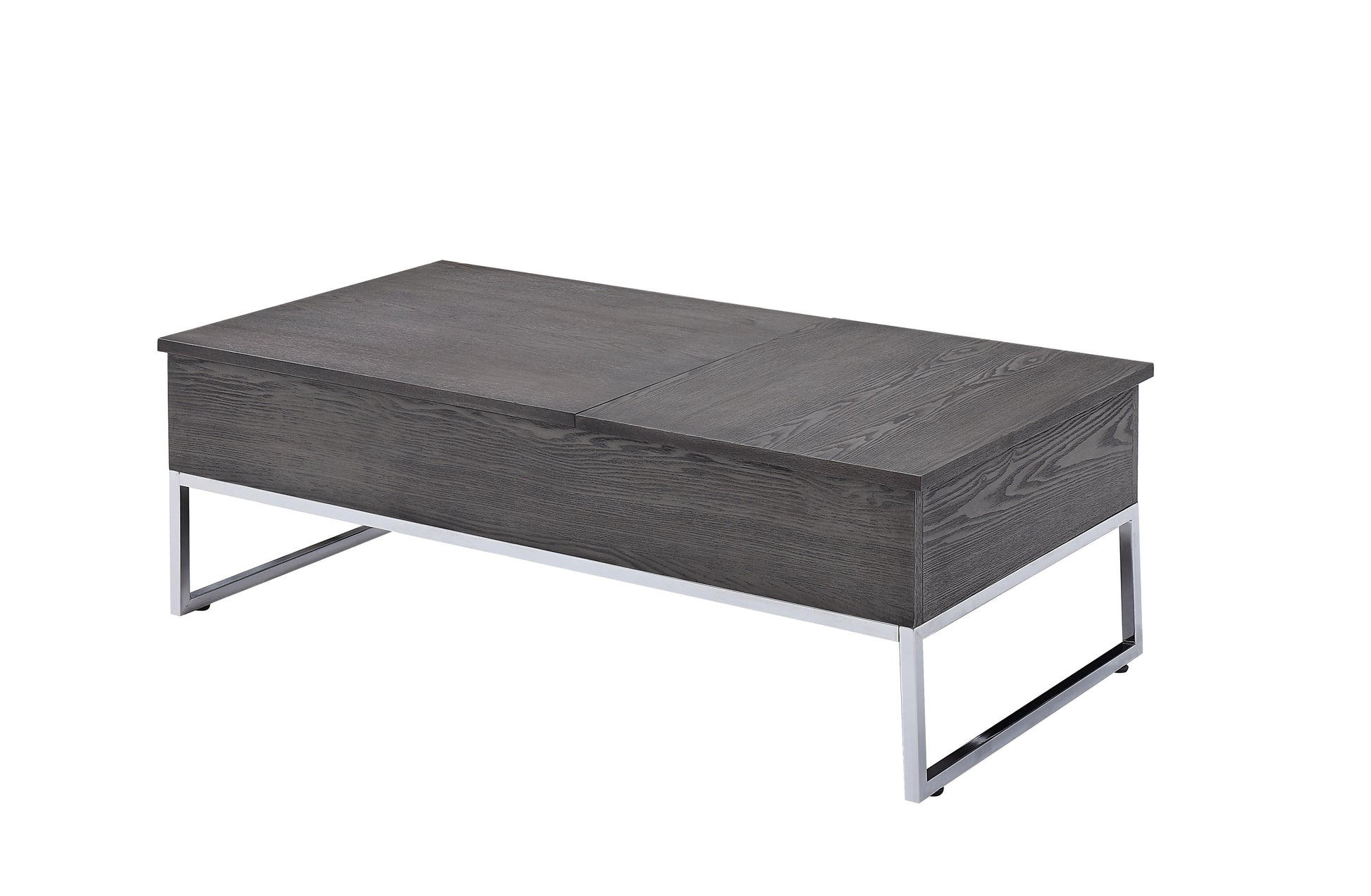 Wooden coffee table with two lift-top sections, gray wood finish and metal sled legs