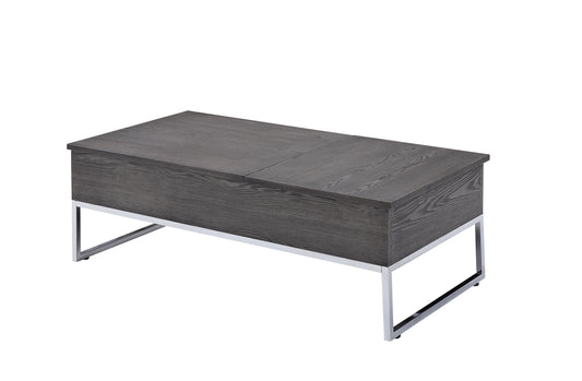 Wooden coffee table with two lift-top sections, gray wood finish and metal sled legs