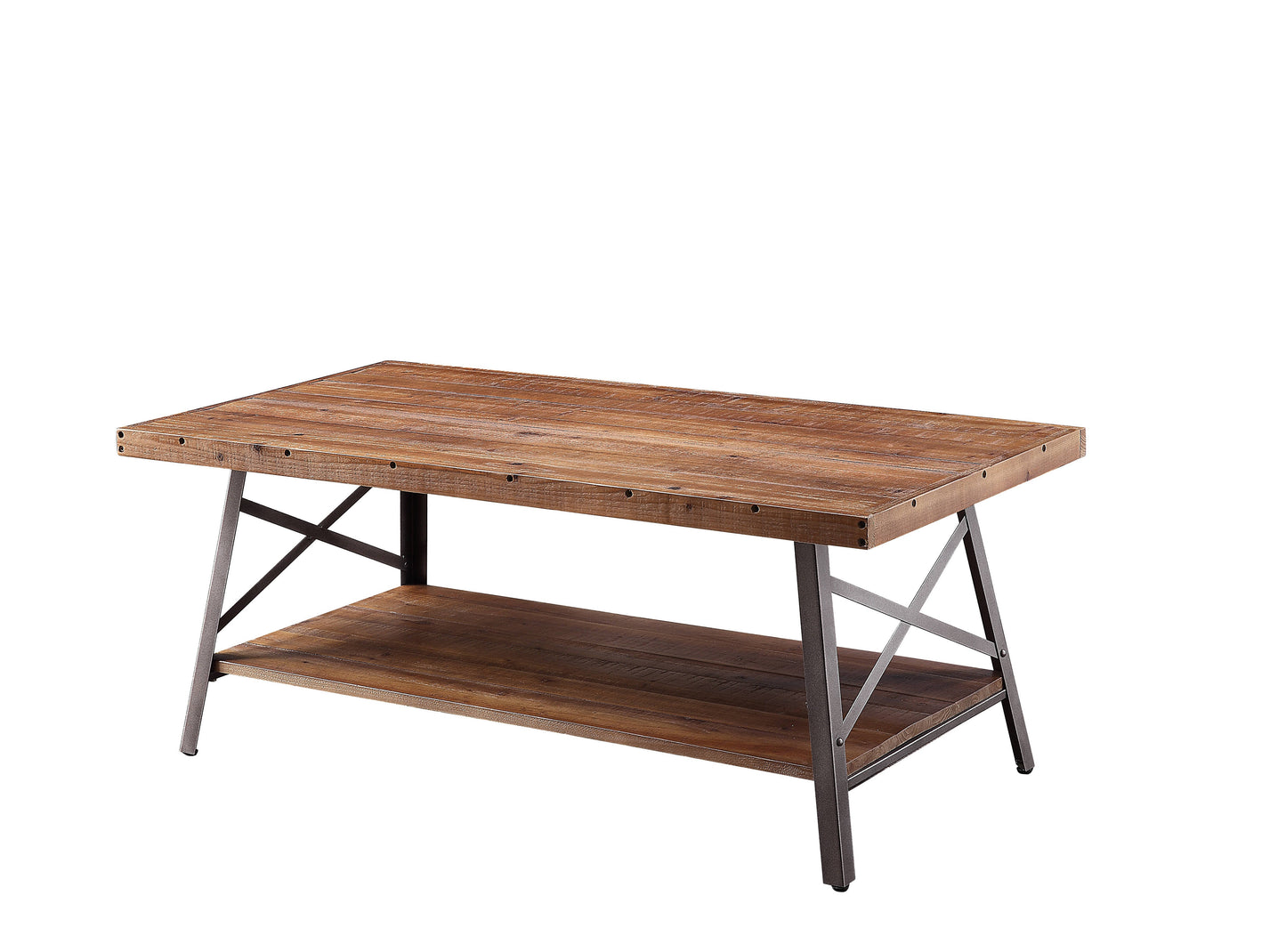 Wooden coffee table with brown finish, black metal X-crossed frame, and lower shelf.